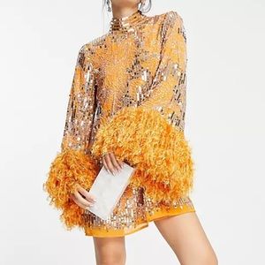 ASOS EDITION Orange Bead Sequin Feather Dress US 0 XS